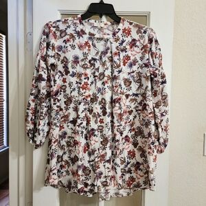 Umgee Floral Boho Blouse Large Pleated Front Keyhole Neck Cottagecore Tunic